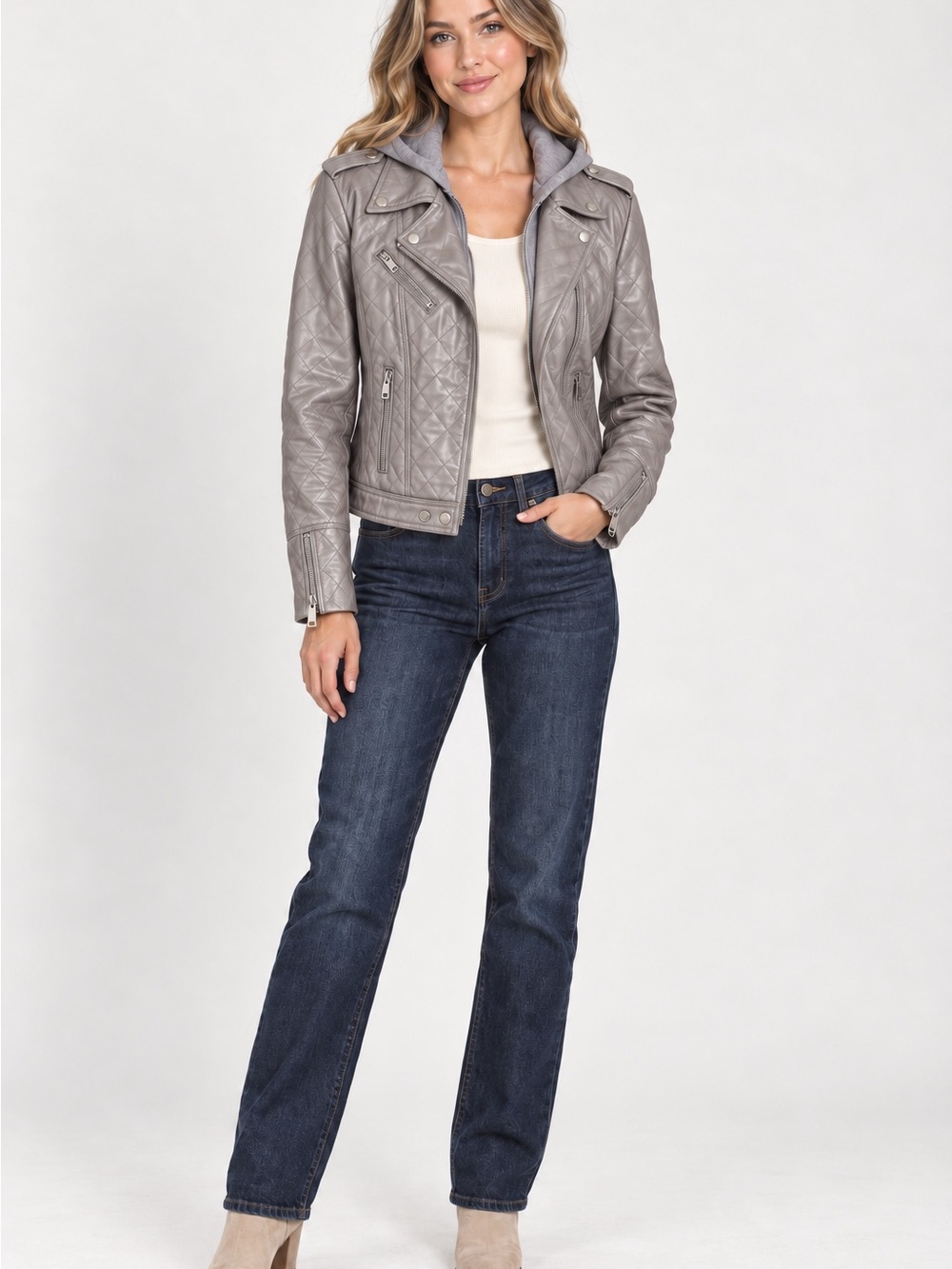 Quilted Gray Leather Moto Jacket with Hooded Insert